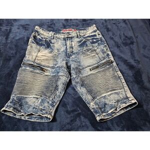 GS-115 Moto Mens Acid Wash Denim Biker Shorts Blue Size 32 Zip Detail